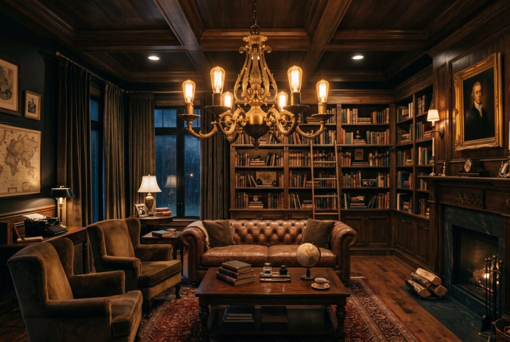 Brass antique chandelier in dark academia living room with wood paneling and bookshelves. 