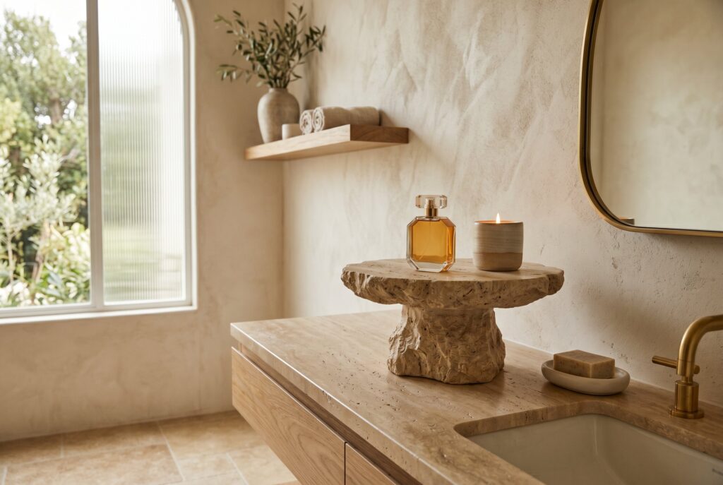 Marble catch all tray with candle, soap dispenser, and luxury bathroom counter styling.