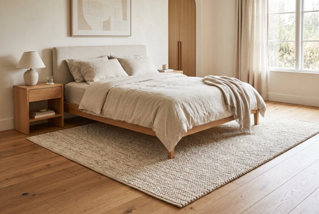 Barefoot friendly neutral area rug under platform bed in minimalist bedroom design. 