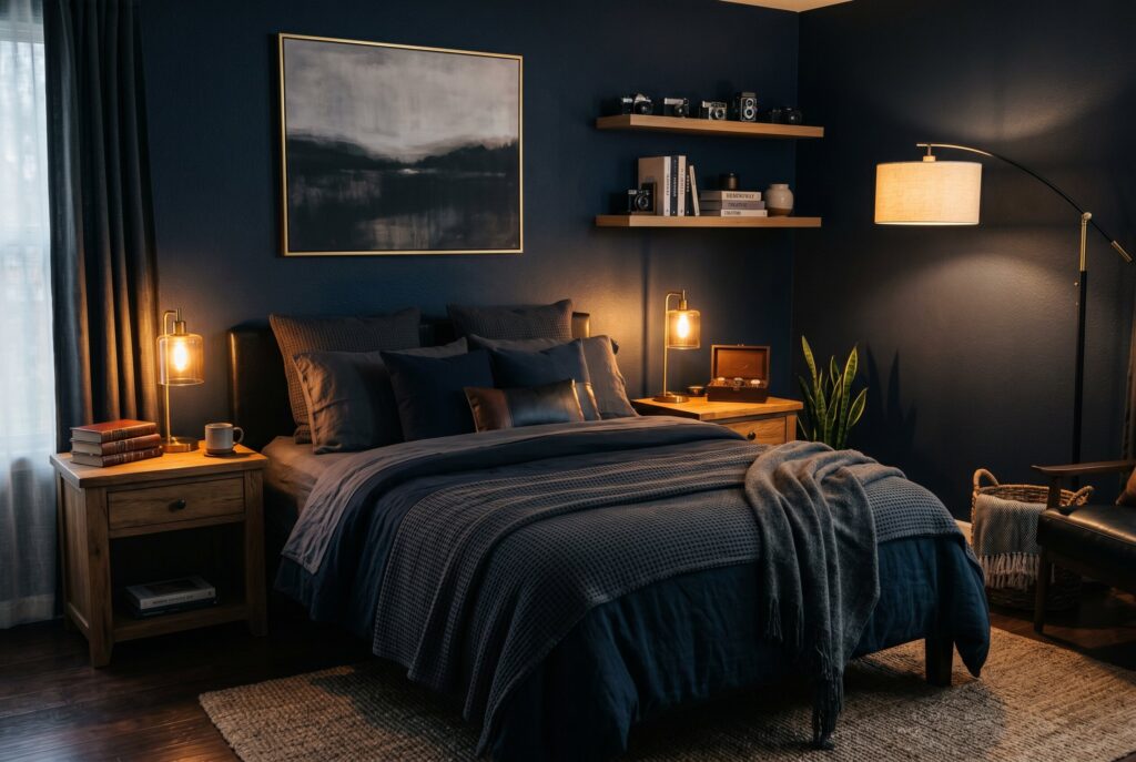 Cozy masculine bedroom lighting with layered lamps and dark navy bedroom walls. 