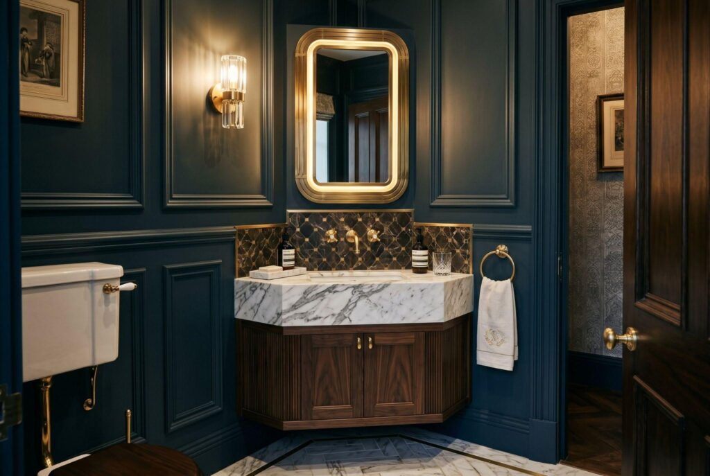 Corner sink ideas for tiny bathrooms with dark blue walls and compact vanity layout. 
