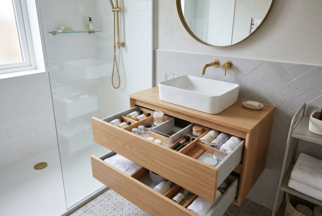 Bathroom drawer organizer ideas with floating vanity and smart hidden storage. 