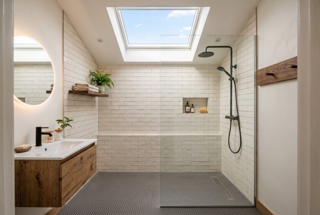 Walk in shower with skylight and natural light in modern small bathroom remodel. 