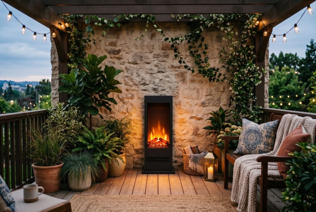 Narrow freestanding electric fireplace on covered patio with plants and cozy seating.