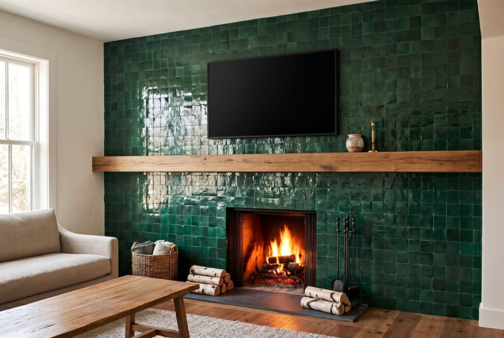 Green zellige fireplace wall ideas with TV and handcrafted tile fireplace surround.