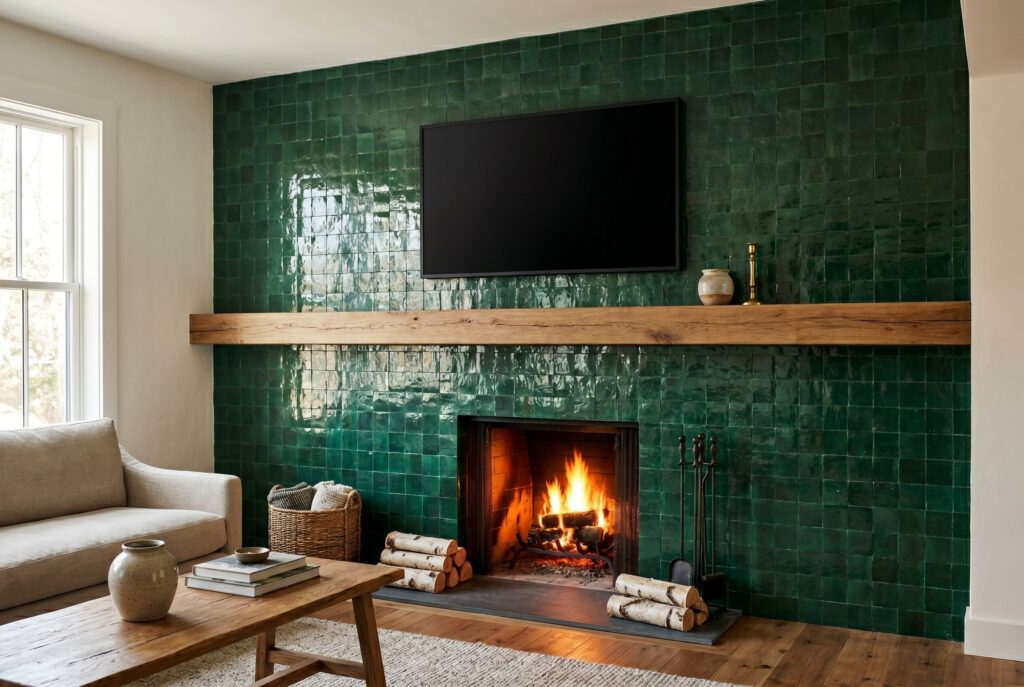 Green zellige fireplace wall ideas with TV and handcrafted tile fireplace surround.
