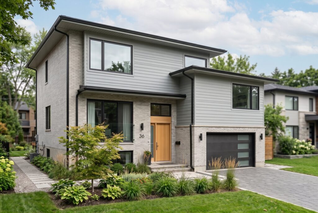 Light grey brick and siding exterior house colors with warm wood garage doors.