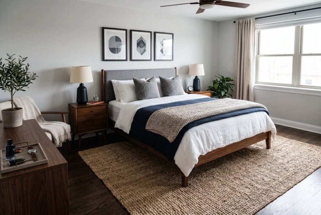 Small masculine bedroom ideas with dark accent wall and minimalist furniture layout. 