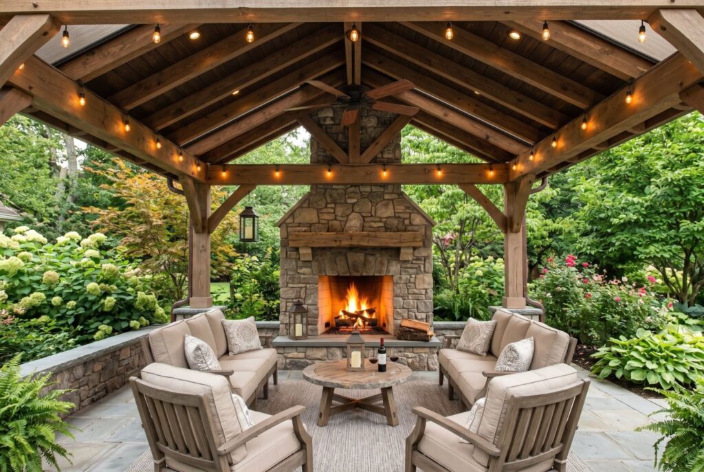 Covered pergola patio fireplace with outdoor living room seating and warm ceiling lights.