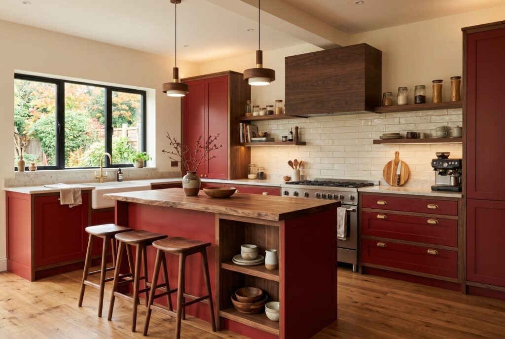 Warm rustic kitchen with red cabinetry, wood island, open shelving, and cozy ambient lighting. 
