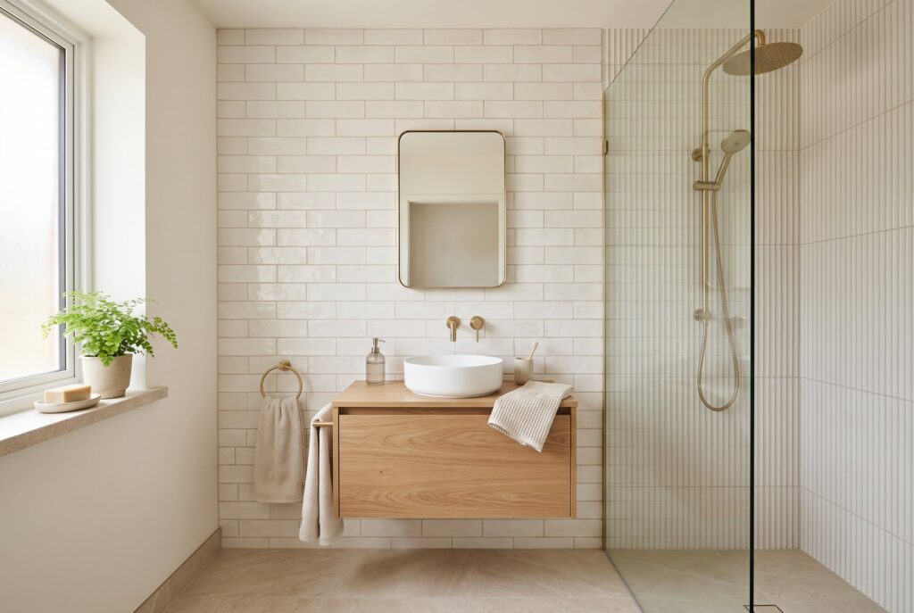 Soft textured bathroom tile ideas with floating vanity and warm neutral palette. 