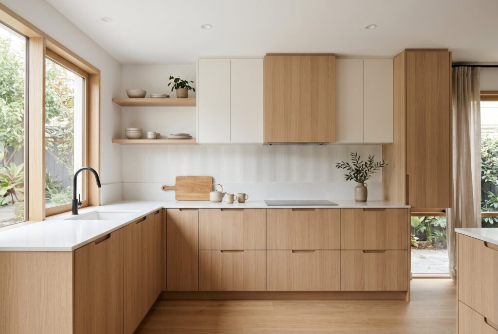 Minimalist kitchen with rift sawn oak cabinets and warm white upper cabinetry.