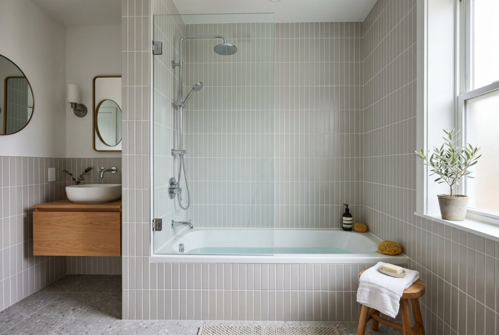 Shower and tub combo with fixed glass panel and modern bathroom tile design. 