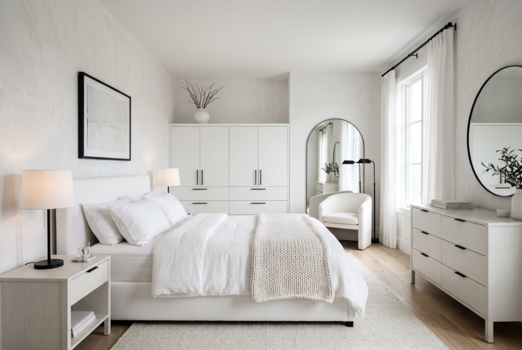 Layered white and cream bedroom with soft neutral bedding and minimalist decor styling.