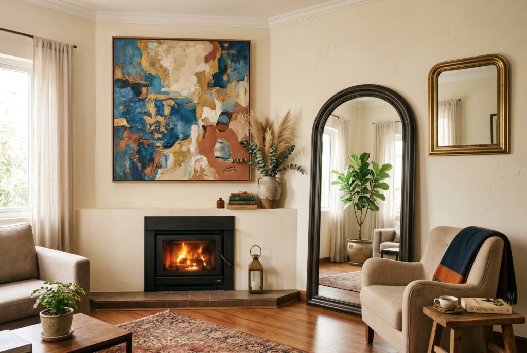 Oversized artwork and mirror above corner fireplace with elegant fireplace wall styling. 