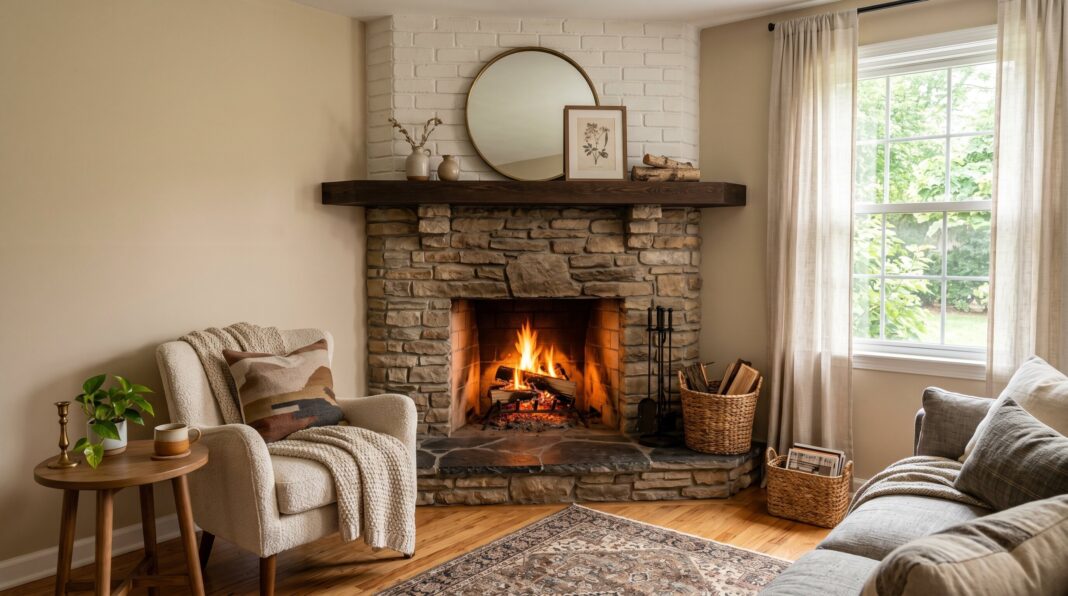 Corner fireplace ideas with rustic stone surround and cozy small living room layout.