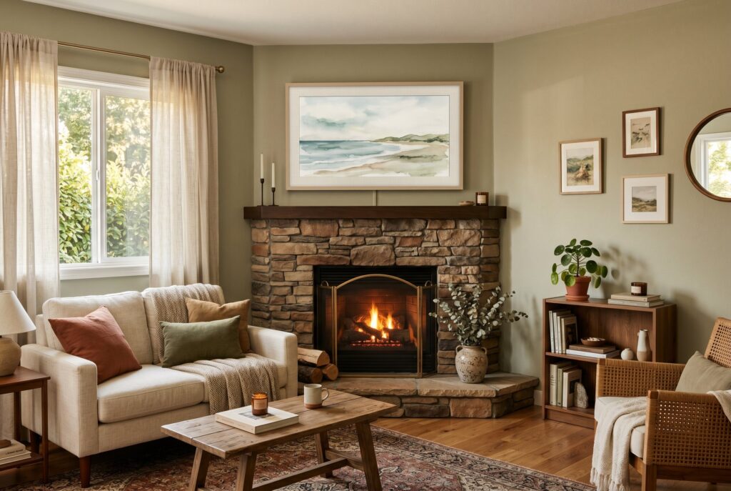 Frame TV above corner fireplace with cozy furniture layout and fireplace wall decor. 