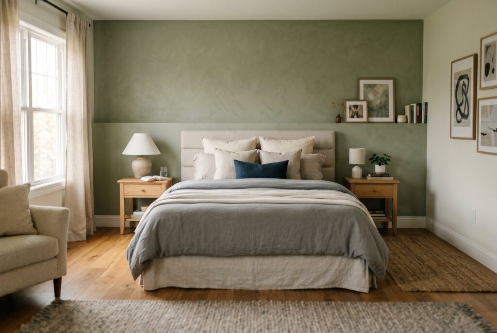 Walk around bedroom layout for couples with olive green walls and neutral bedding. 