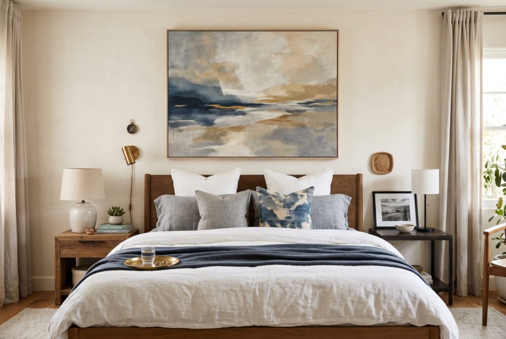 Cozy couple bedroom with balanced neutral decor, layered bedding, and warm wood furniture styling. 