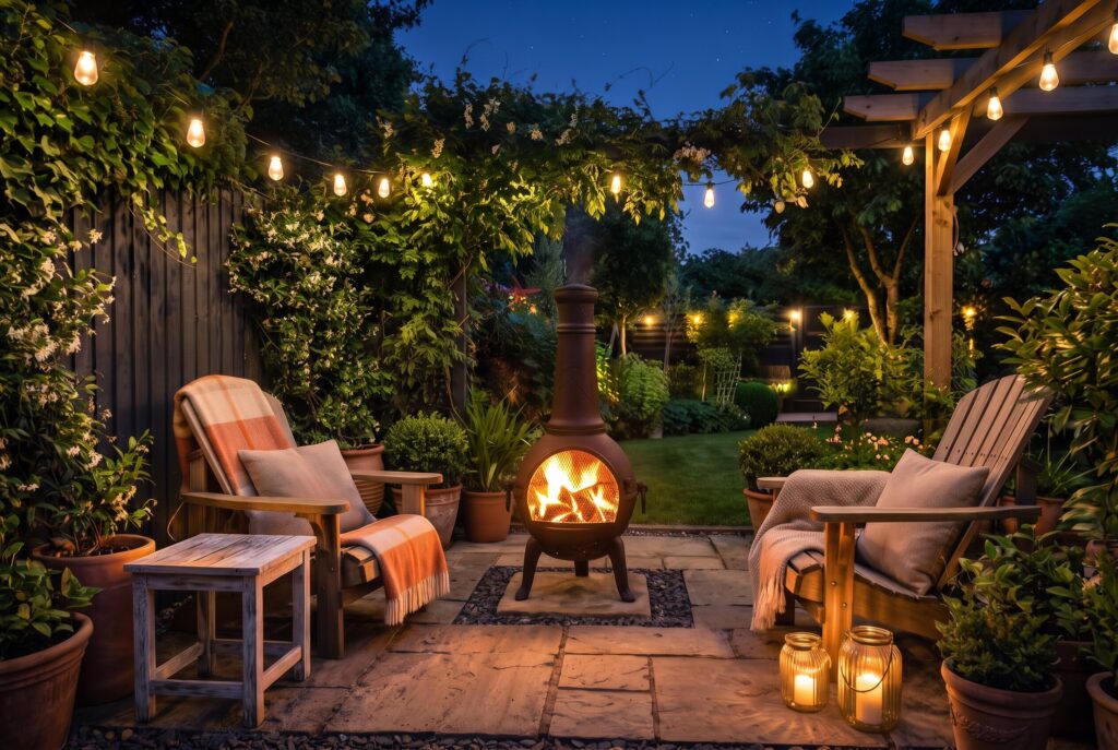 Portable chiminea outdoor fireplace on tiny patio with lanterns and lounge chairs.