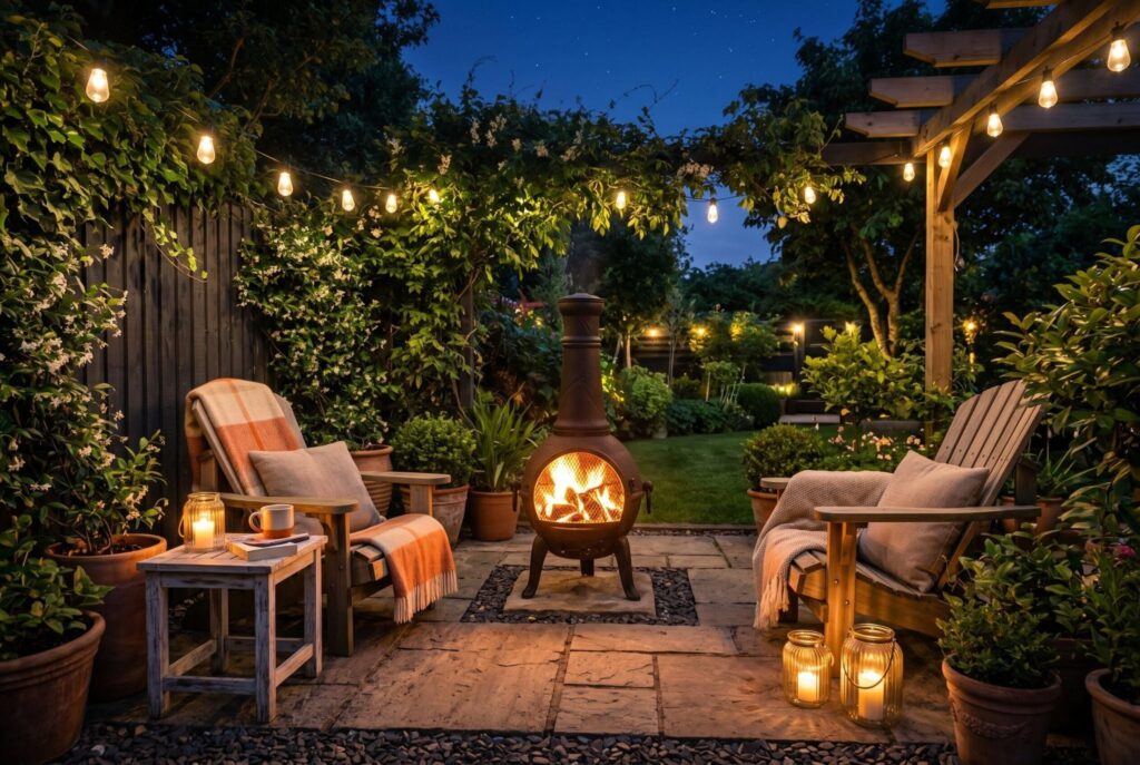 Portable chiminea outdoor fireplace on tiny patio with lanterns and lounge chairs.