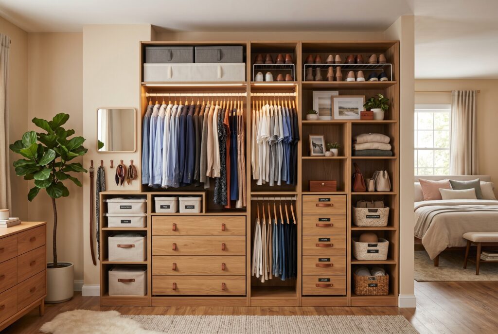 Shared closet organization ideas for couples with divided wardrobe storage and wood cabinetry. 