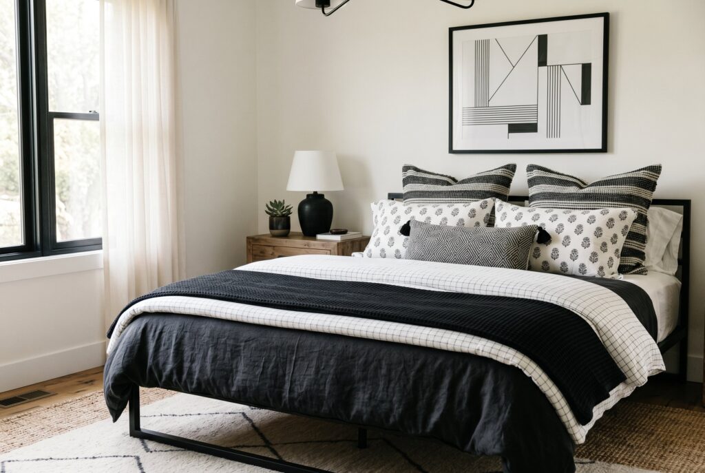 Black and white patterned bedding ideas with geometric pillows and layered neutral textures. 