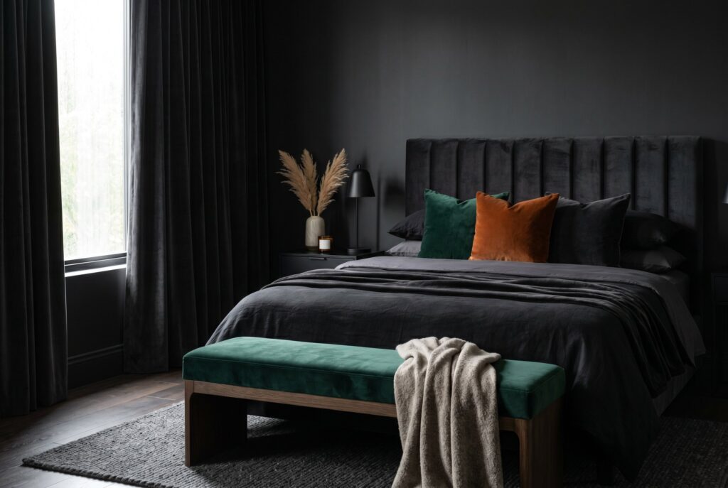 Black velvet bedroom ideas with plush upholstered headboard and warm accent pillows.