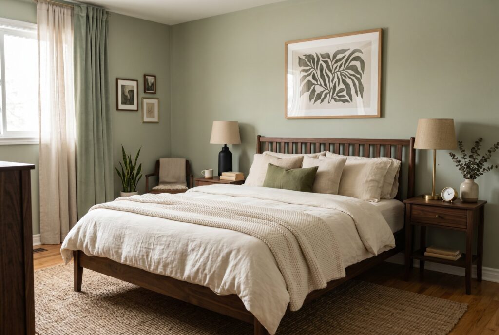 Muted olive bedroom paint ideas with warm wood furniture and earthy neutral decor.