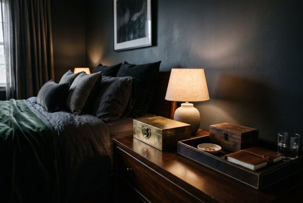 Decorative storage box on dark bedroom nightstand with moody luxury styling. 