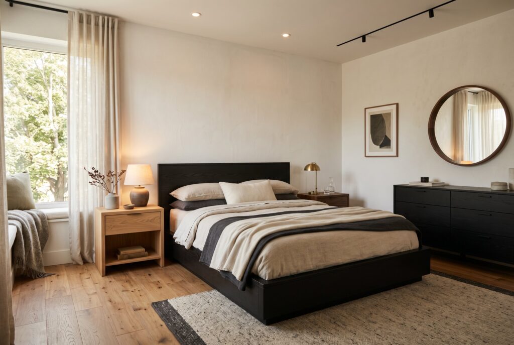 Black bedroom furniture with warm oak nightstands and minimalist modern bedroom styling.