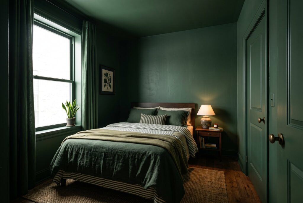 Color drenched dark green bedroom with matching walls, ceiling, and minimalist decor.