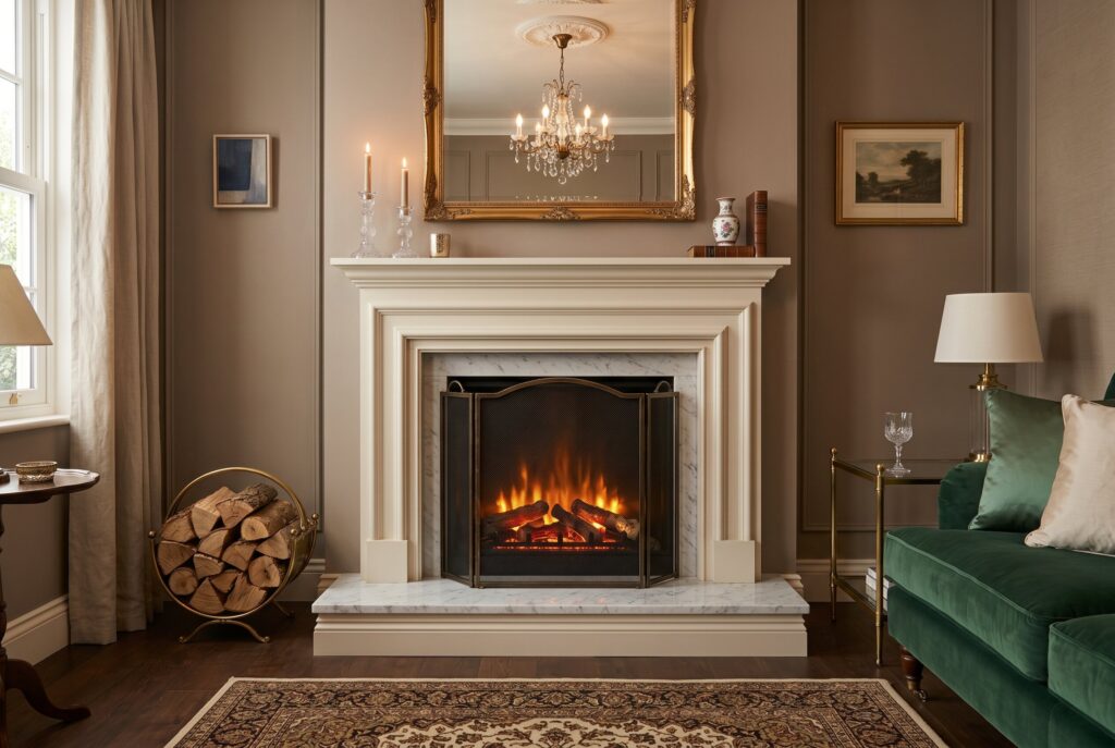 Faux built in electric fireplace with decorative hearth and elegant mantel styling. 