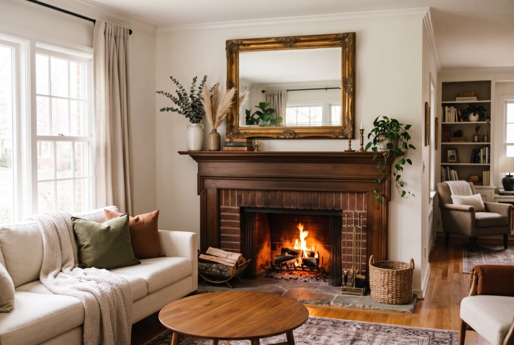 Large gold mirror fireplace mantel decor ideas in traditional brick fireplace living room.