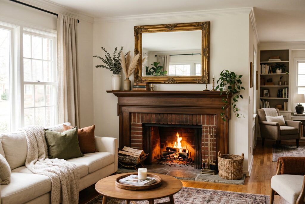 Large gold mirror fireplace mantel decor ideas in traditional brick fireplace living room. 