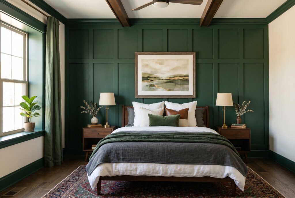 Dark green board and batten accent wall with warm wood furniture and neutral bedding.