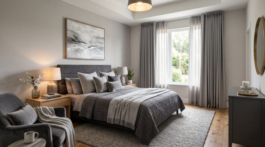 Grey bedroom ideas with layered charcoal bedding and warm neutral accent colors.