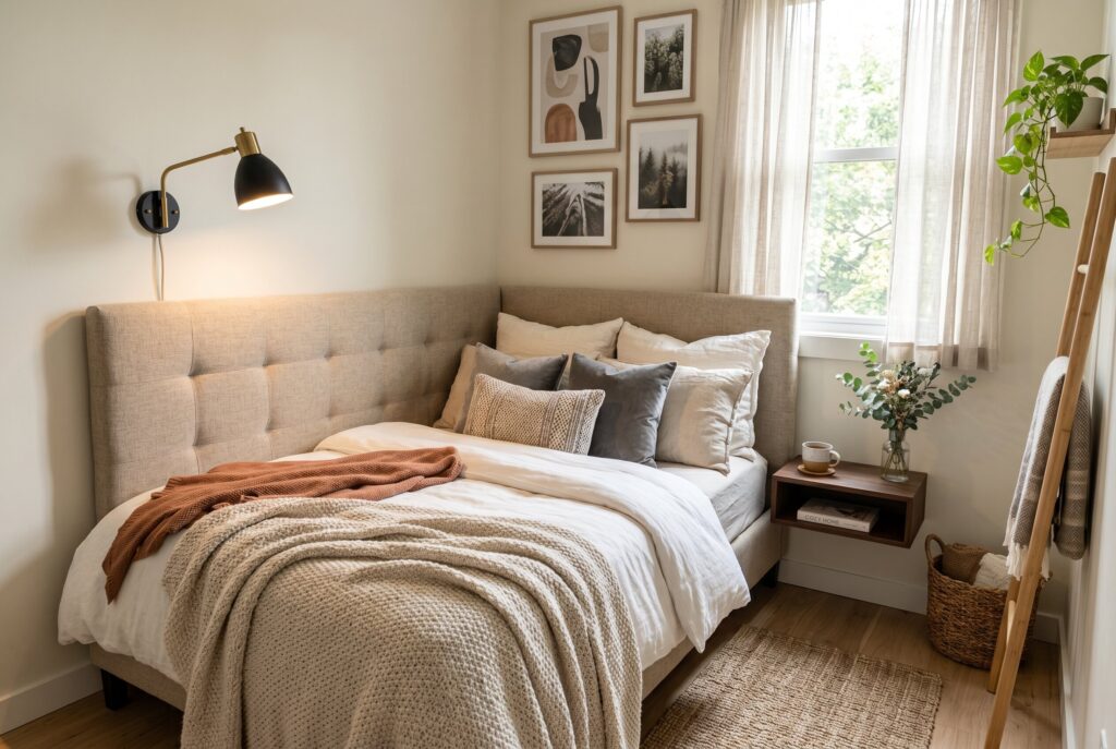 Corner nook bedroom layout with upholstered headboard and cozy layered bedding ideas. 