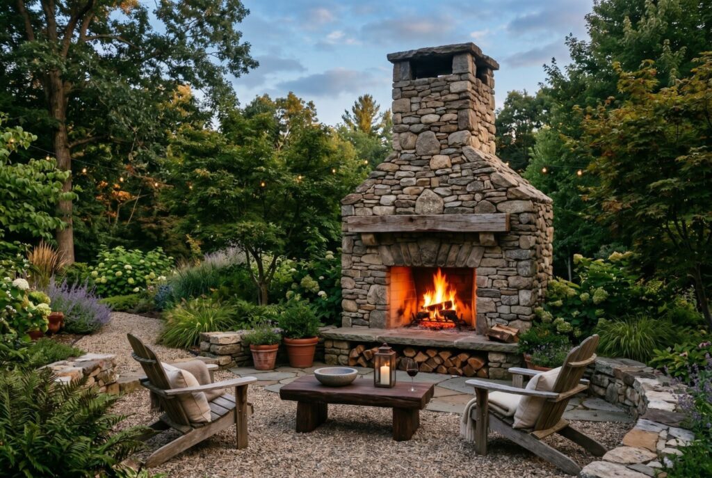 Dry stacked stone outdoor fireplace with rustic seating in a natural wooded backyard.
