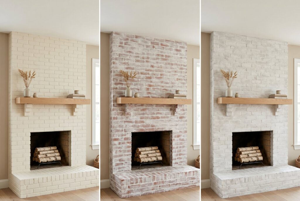 Painted vs whitewashed vs limewash brick fireplace ideas with modern rustic fireplace styles. 