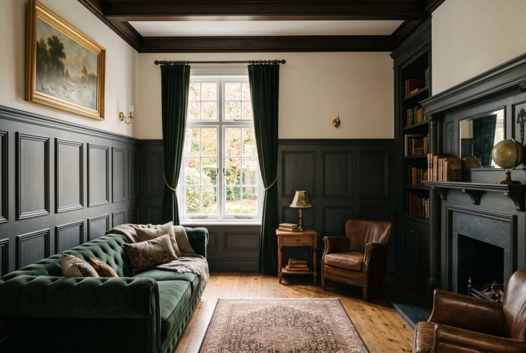 Architectural wood wainscoting in dark academia living room with leather armchairs. 
