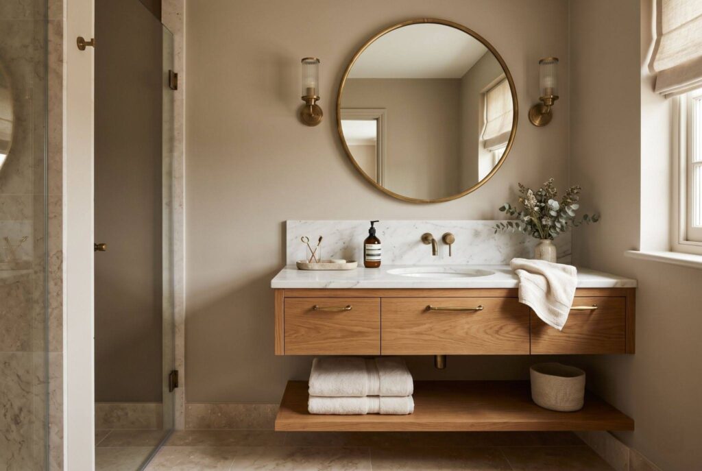 Warm beige small bathroom design with round mirror and floating vanity storage. 