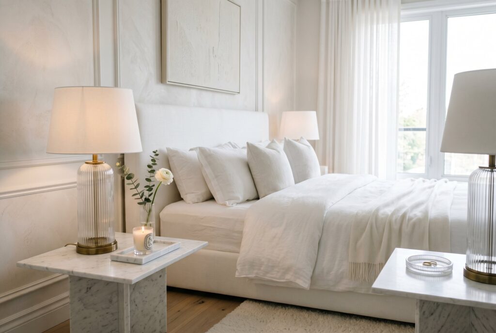 Marble tray and fluted glass decor in minimalist white bedroom with brass lighting.