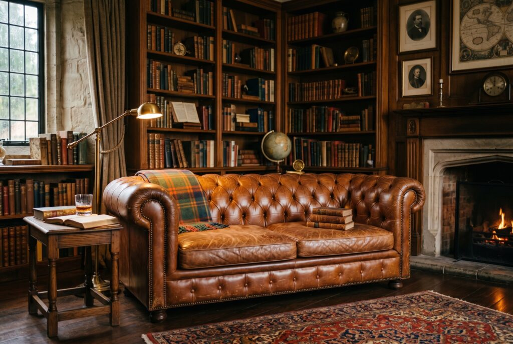 Tufted cognac leather Chesterfield sofa in dark academia living room with fireplace. 