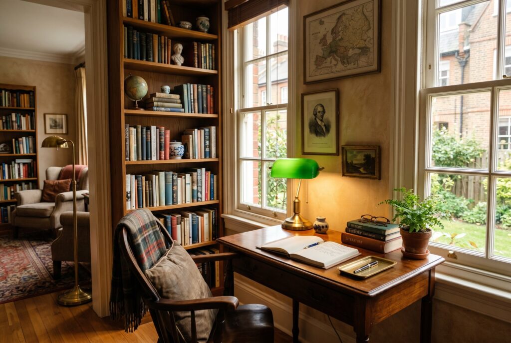 Scholar study nook with writing desk, banker lamp, and library bookshelf backdrop. 