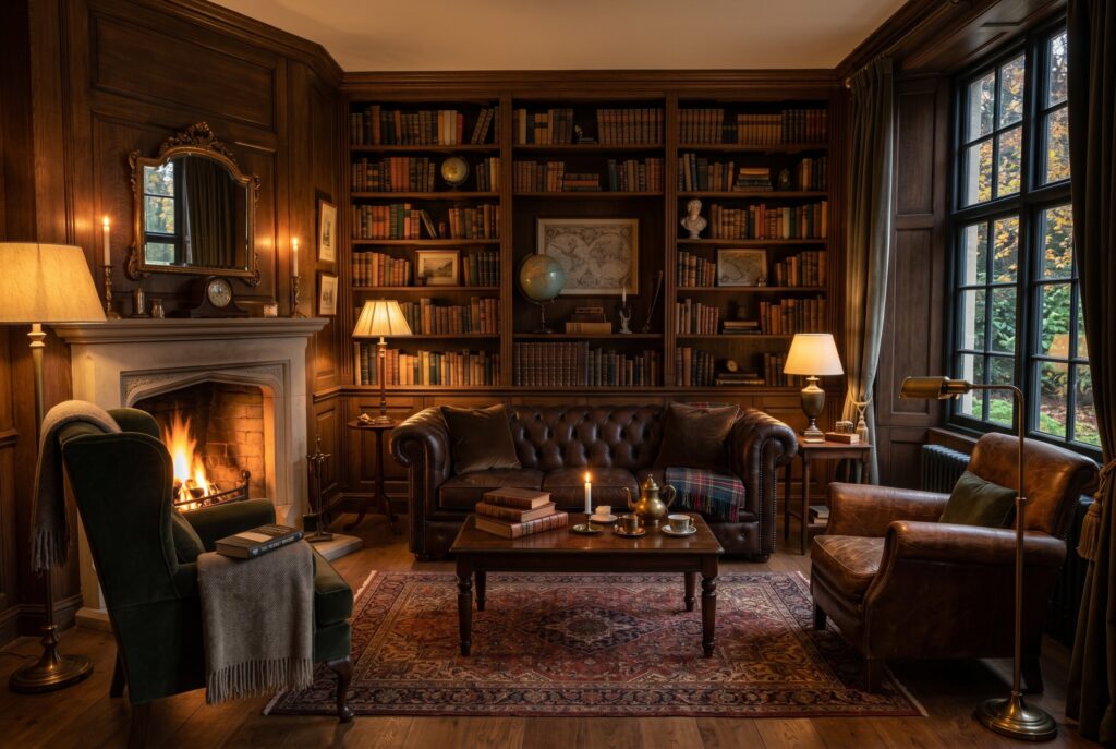 Conversational dark academia living room layout with leather armchairs and moody lighting. 
