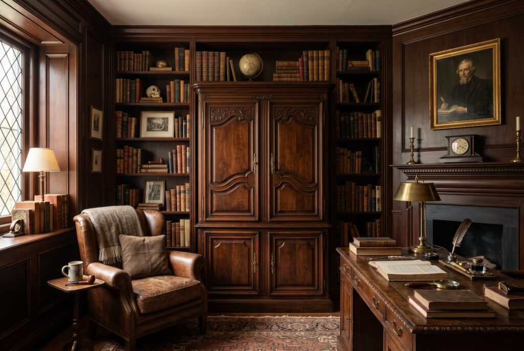 Hidden TV in dark academia study with dark wood cabinetry and vintage library styling. 