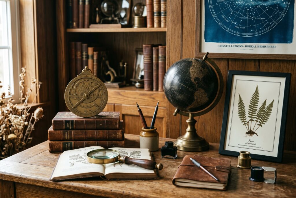 Astronomical and botanical decor in dark academia office with globe and specimen prints. 