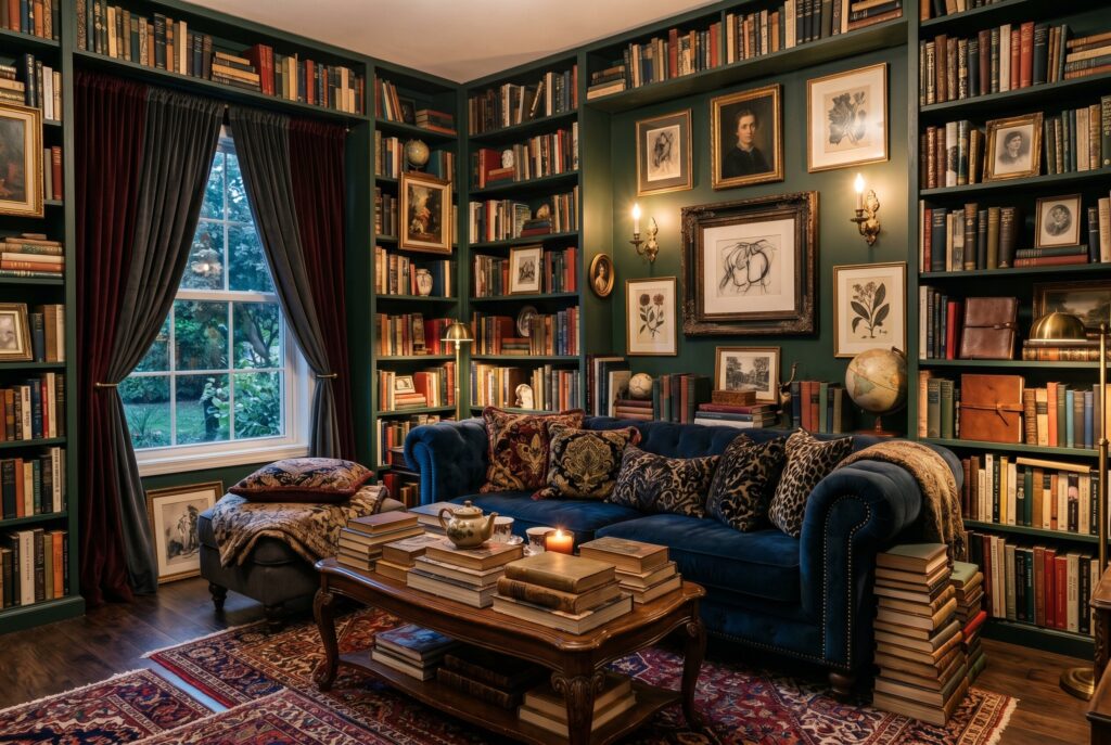 Maximalist literary haven with floor to ceiling bookshelves, velvet sofa, and layered decor. 