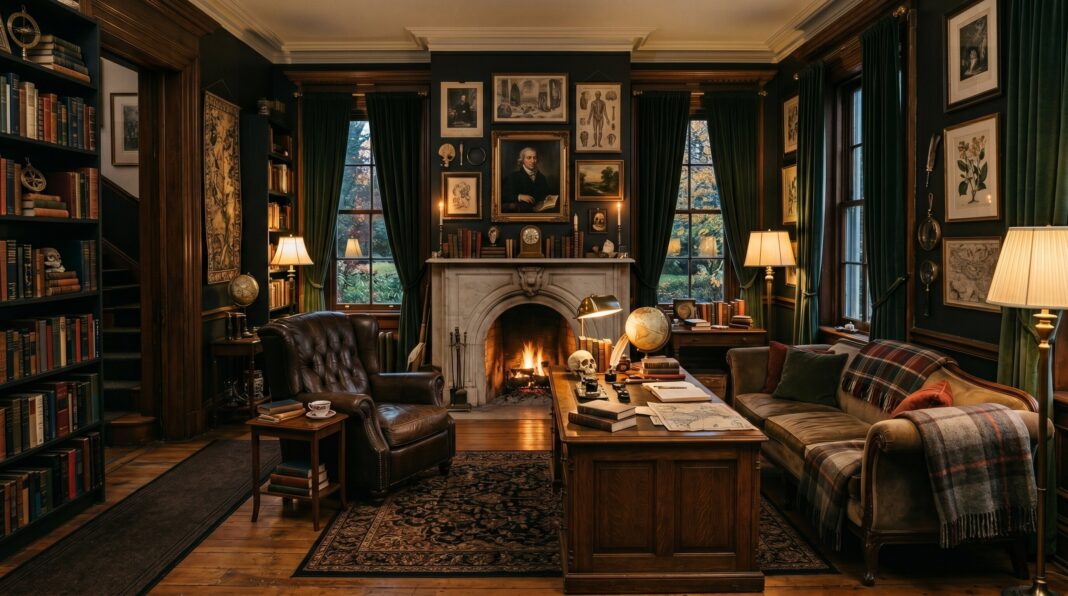 Dark academia decor with floor to ceiling bookshelves and moody old world living room design.